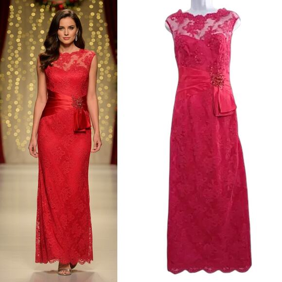 Rickie Freeman Teri Jon Gown Women's Size 2 Red Lace Formal Party Maxi Dress - Picture 1 of 16